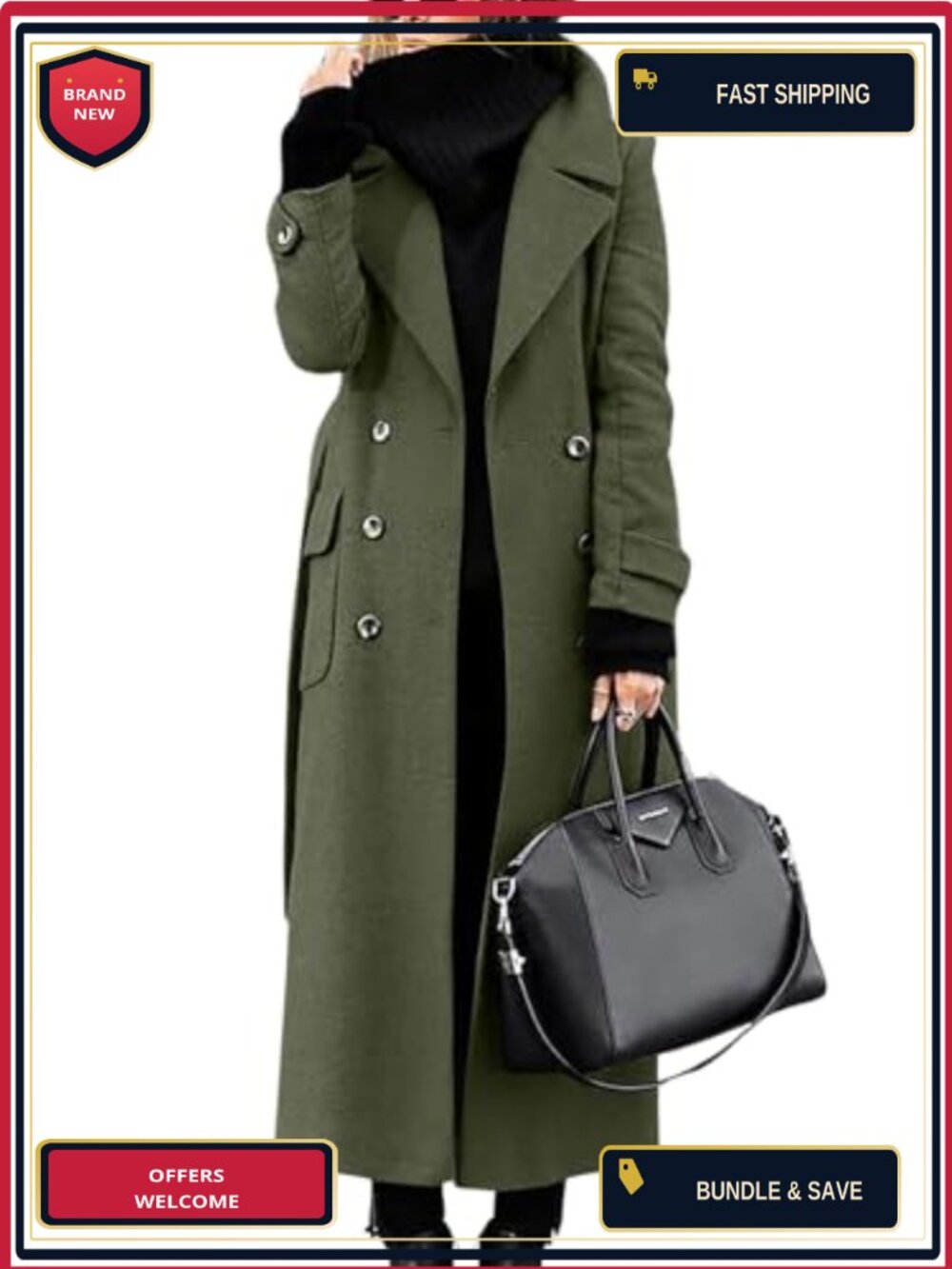 Double Breasted Wool Blend Pea Coat Notched Lapel Belted Trench Coat